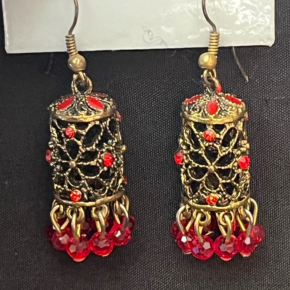 VIntage Bronze color cylinder Jhumka Chandelier Earrings w. Red Beads and accent